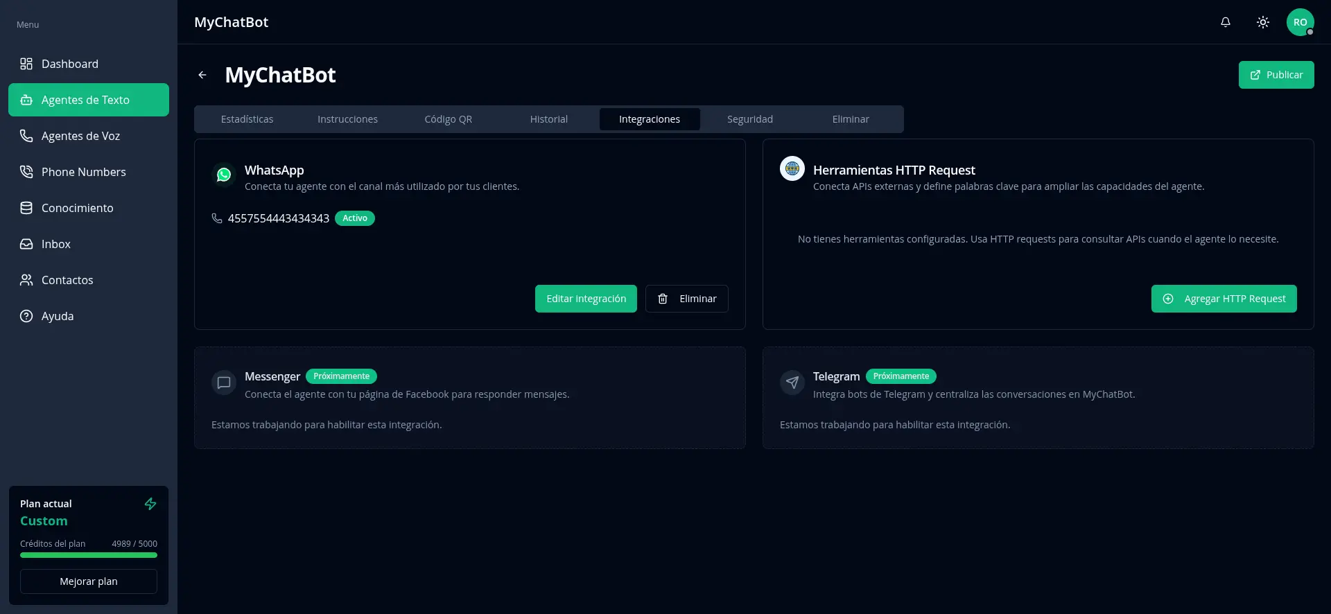 Panel de MychatBot con las integraciones activas: WhatsApp conectado y herramientas HTTP Request